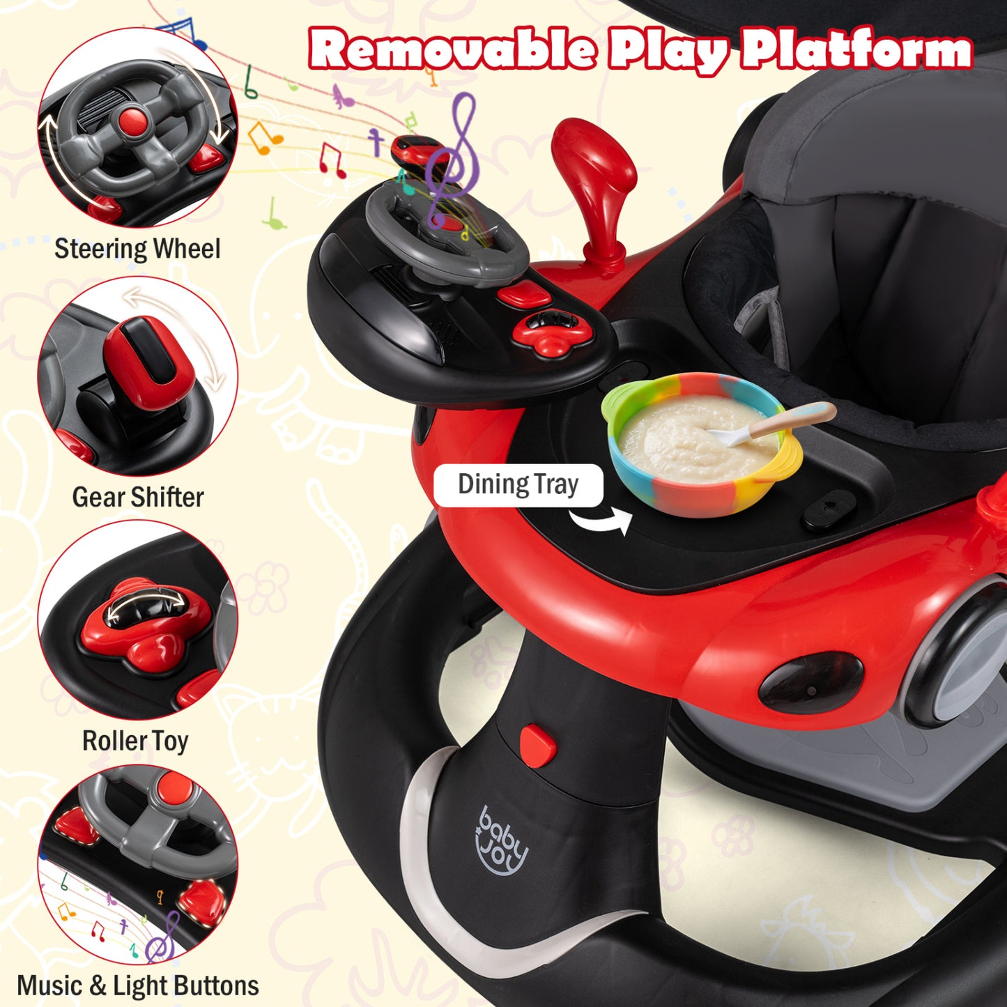 6-in-1 Baby Walker with Canopy Portable Activity Center Bouncer Rocker Combo with Music-Red