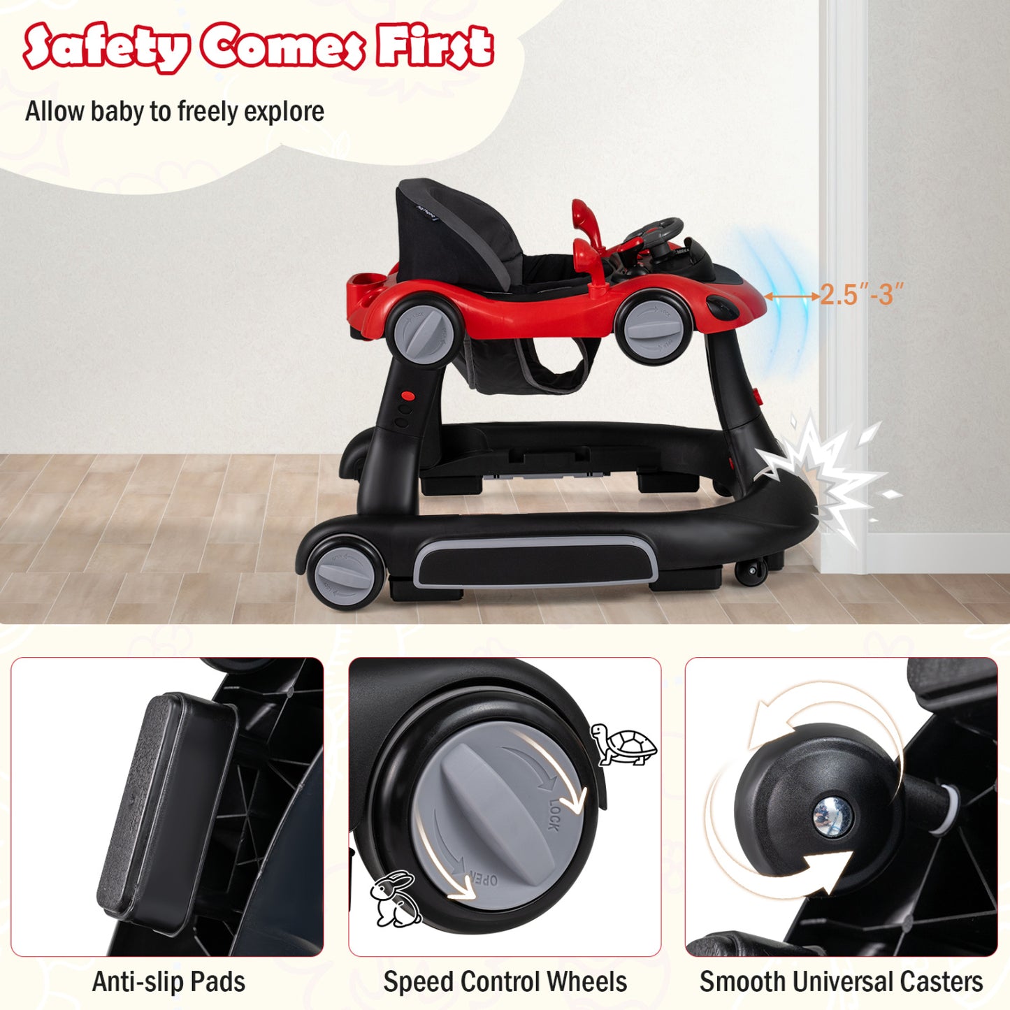 6-in-1 Baby Walker with Canopy Portable Activity Center Bouncer Rocker Combo with Music-Red