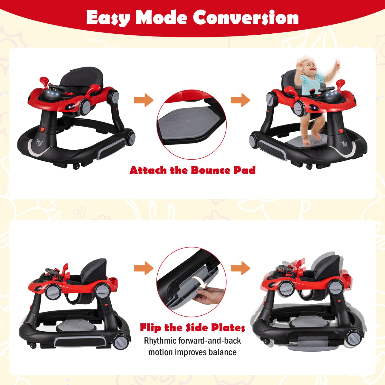 6-in-1 Baby Walker with Canopy Portable Activity Center Bouncer Rocker Combo with Music-Red