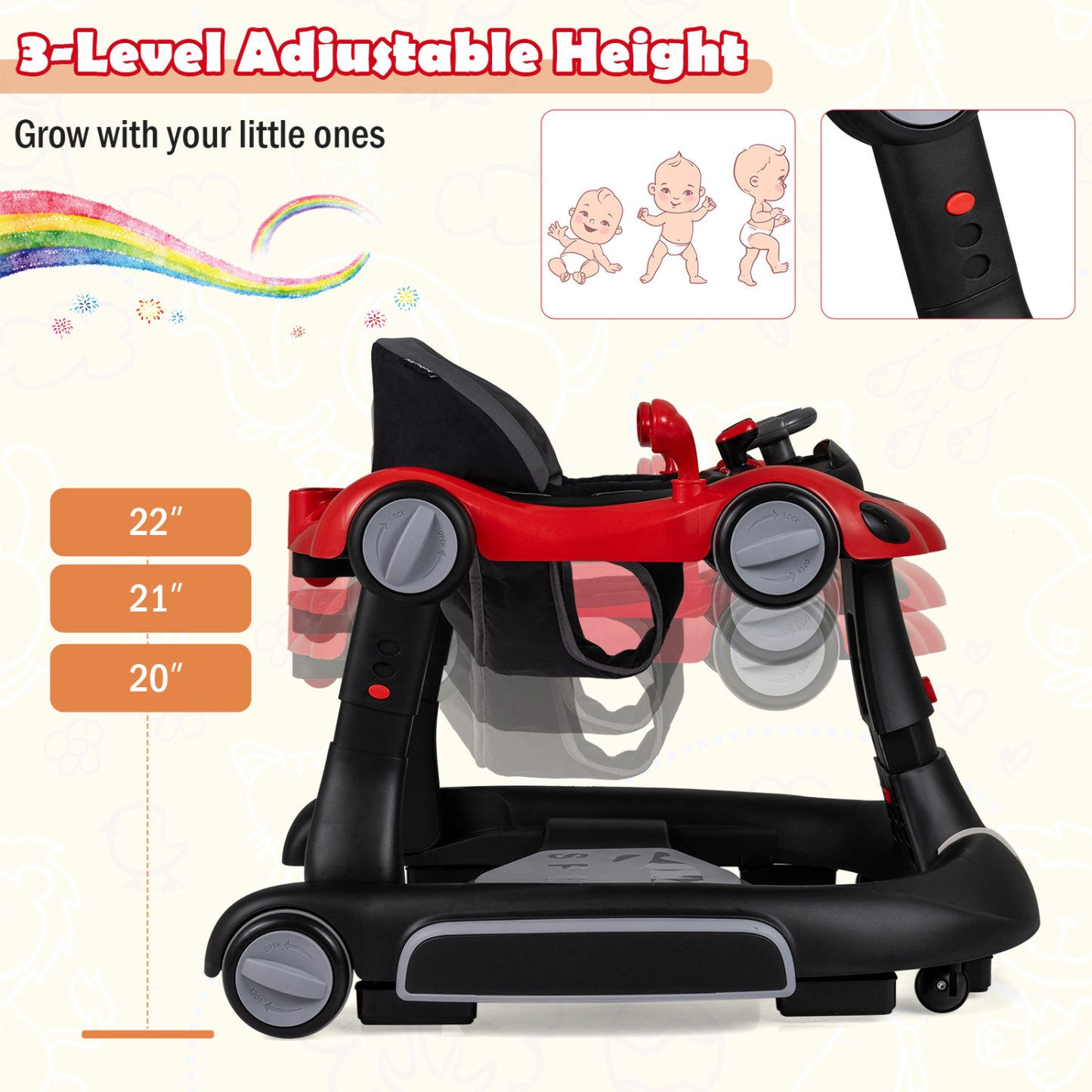 6-in-1 Baby Walker with Canopy Portable Activity Center Bouncer Rocker Combo with Music-Red