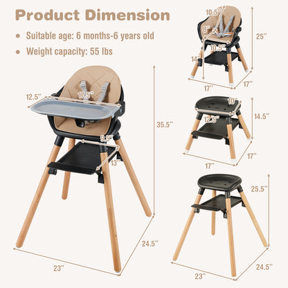 6 in 1 Convertible Highchair with Safety Harness and Removable Tray-Coffee - Coffee