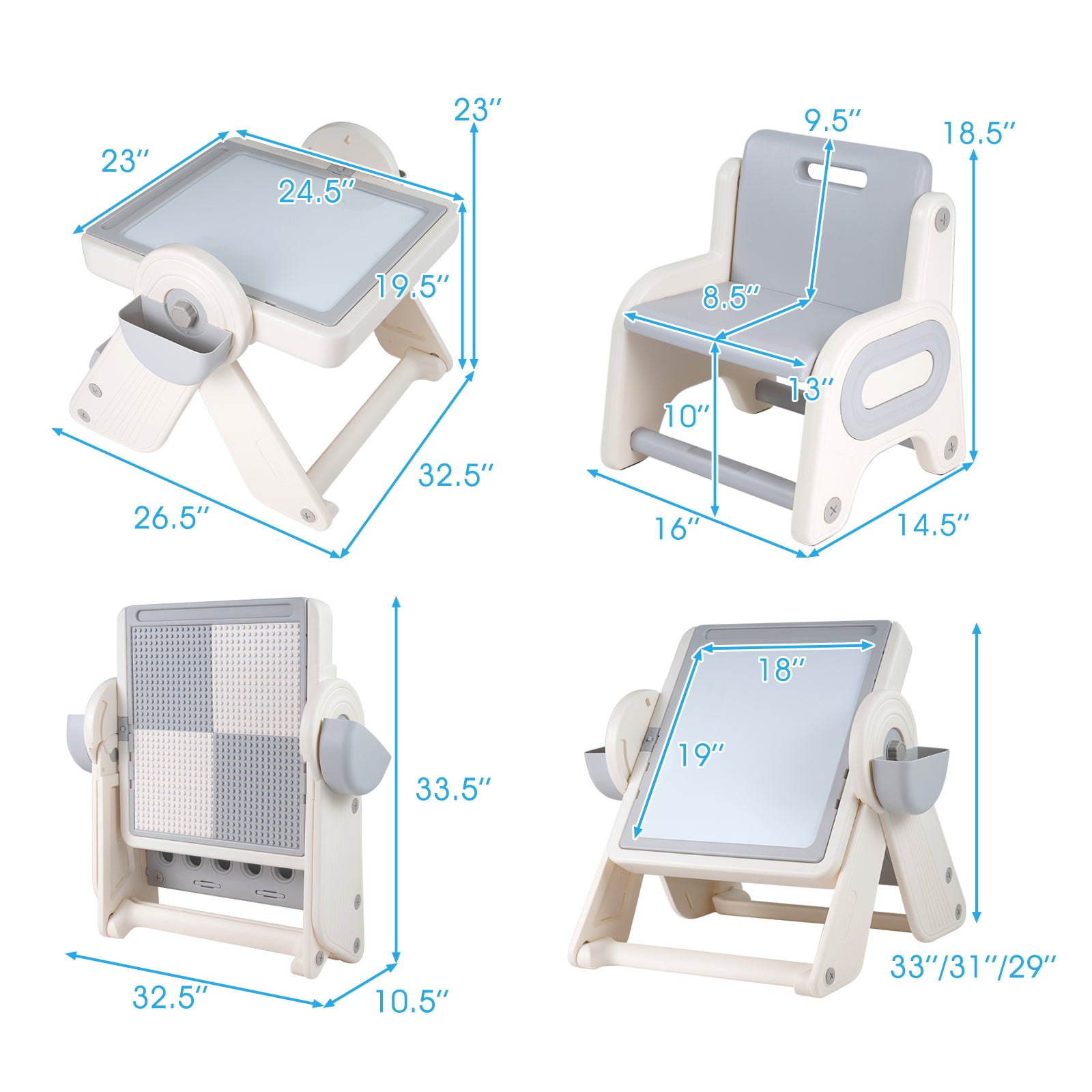 6-in-1 Multi-activity Children Table and Chair Set Folding Art Easel Set-Gray and White