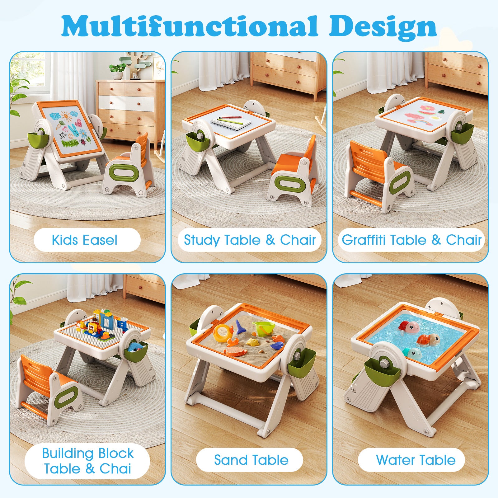 6-in-1 Multi-activity Children Table and Chair Set Folding Art Easel Set-Orange