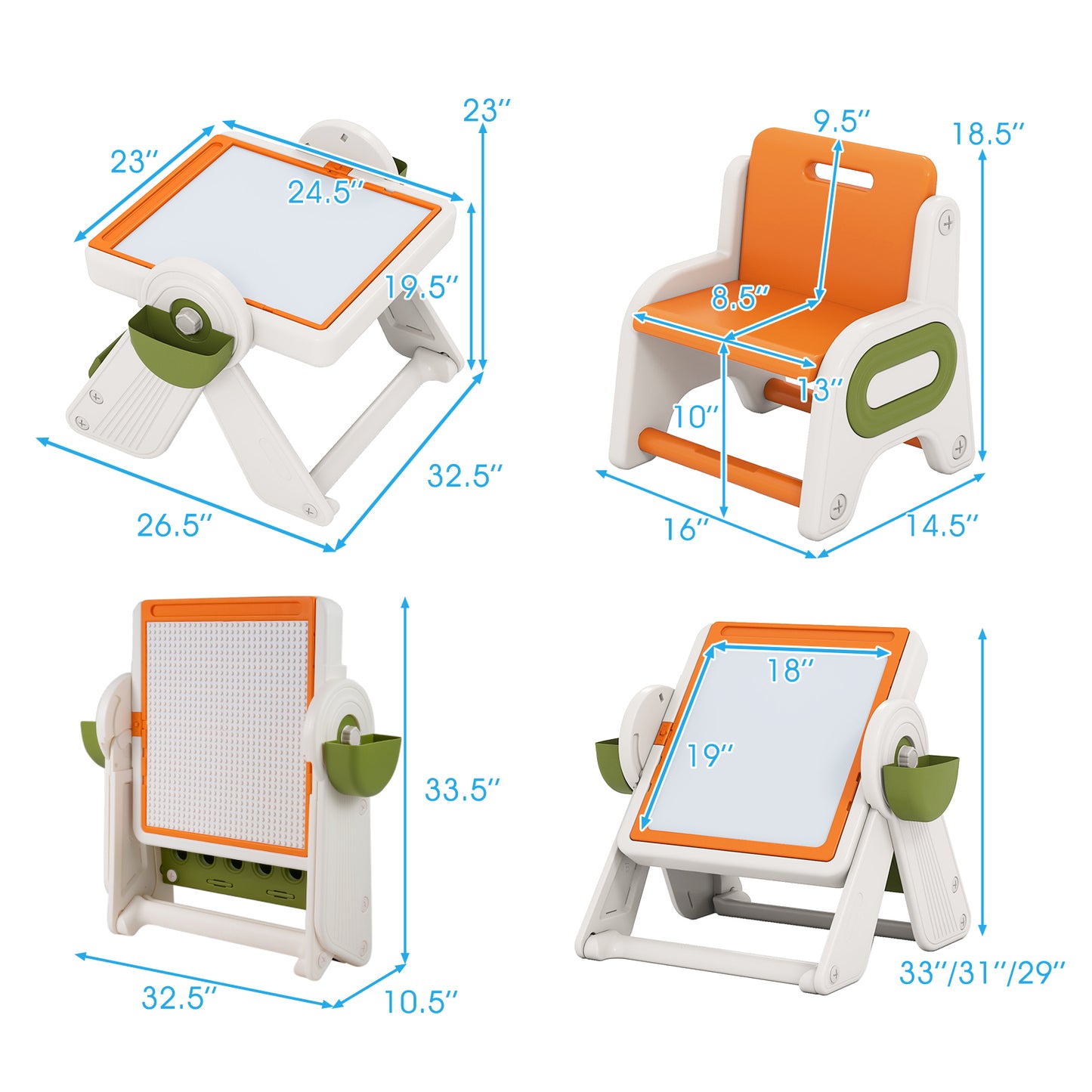 6-in-1 Multi-activity Children Table and Chair Set Folding Art Easel Set-Orange