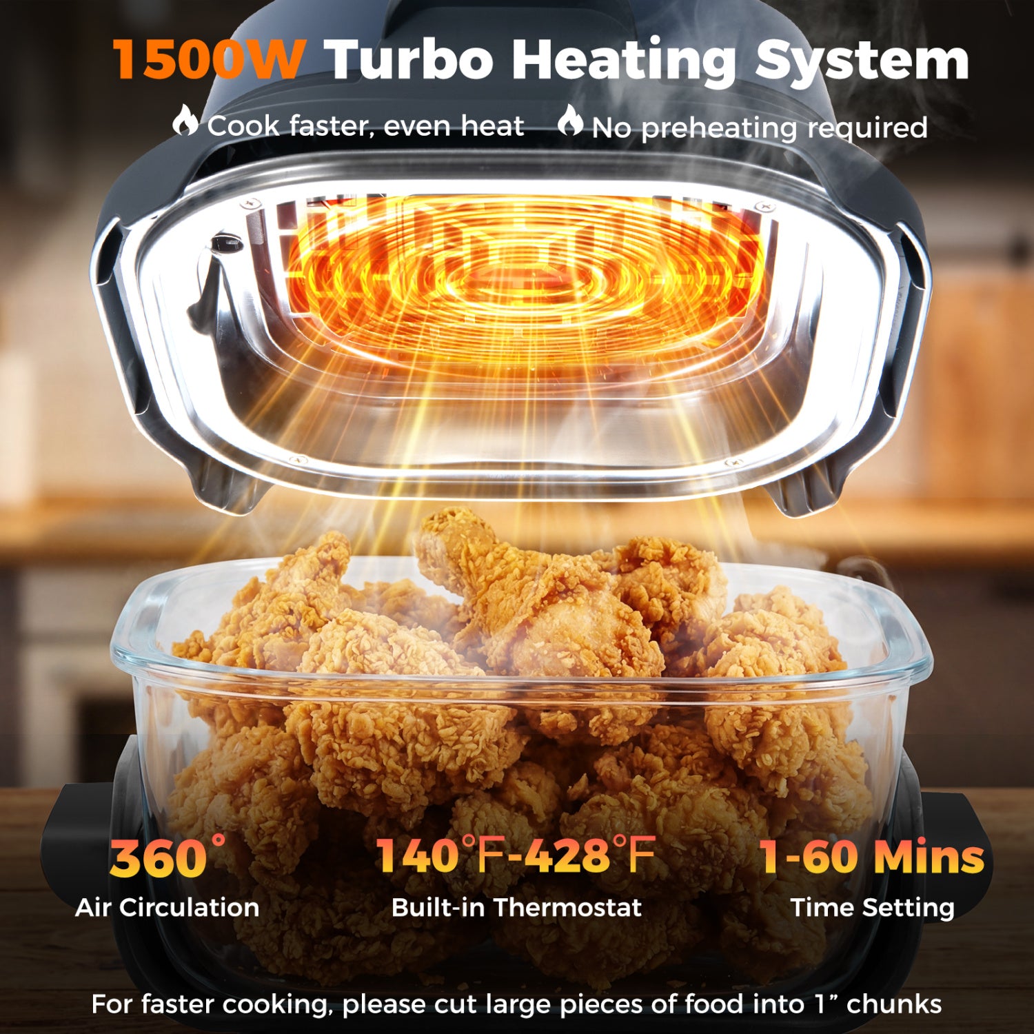 6-in-1 Portable Glass Air Fryer 1500W Dual Containers with Lids Dishwasher Safe