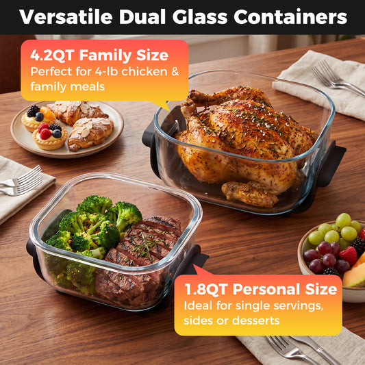 6-in-1 Portable Glass Air Fryer 1500W Dual Containers with Lids Dishwasher Safe