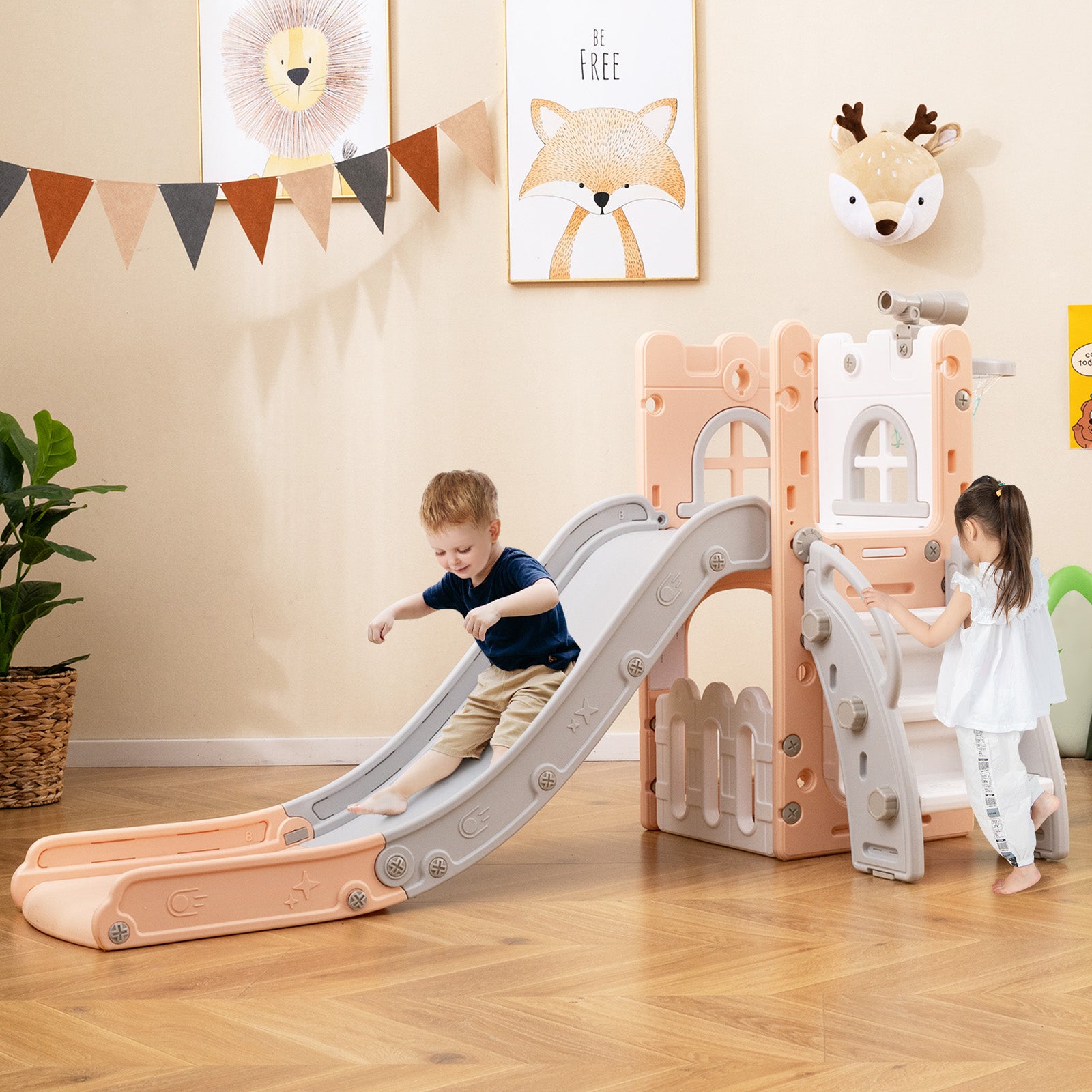 6-in-1 Toddler Slide L-shaped Playground with Basketball Hoop and Ladder-Pink