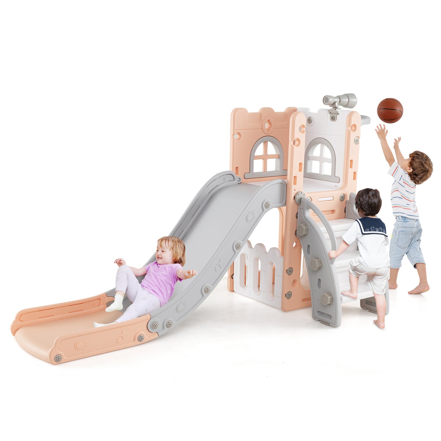 6-in-1 Toddler Slide L-shaped Playground with Basketball Hoop and Ladder-Pink