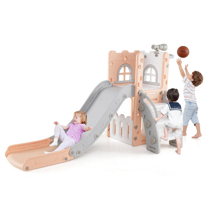 6-in-1 Toddler Slide L-shaped Playground with Basketball Hoop and Ladder-Pink