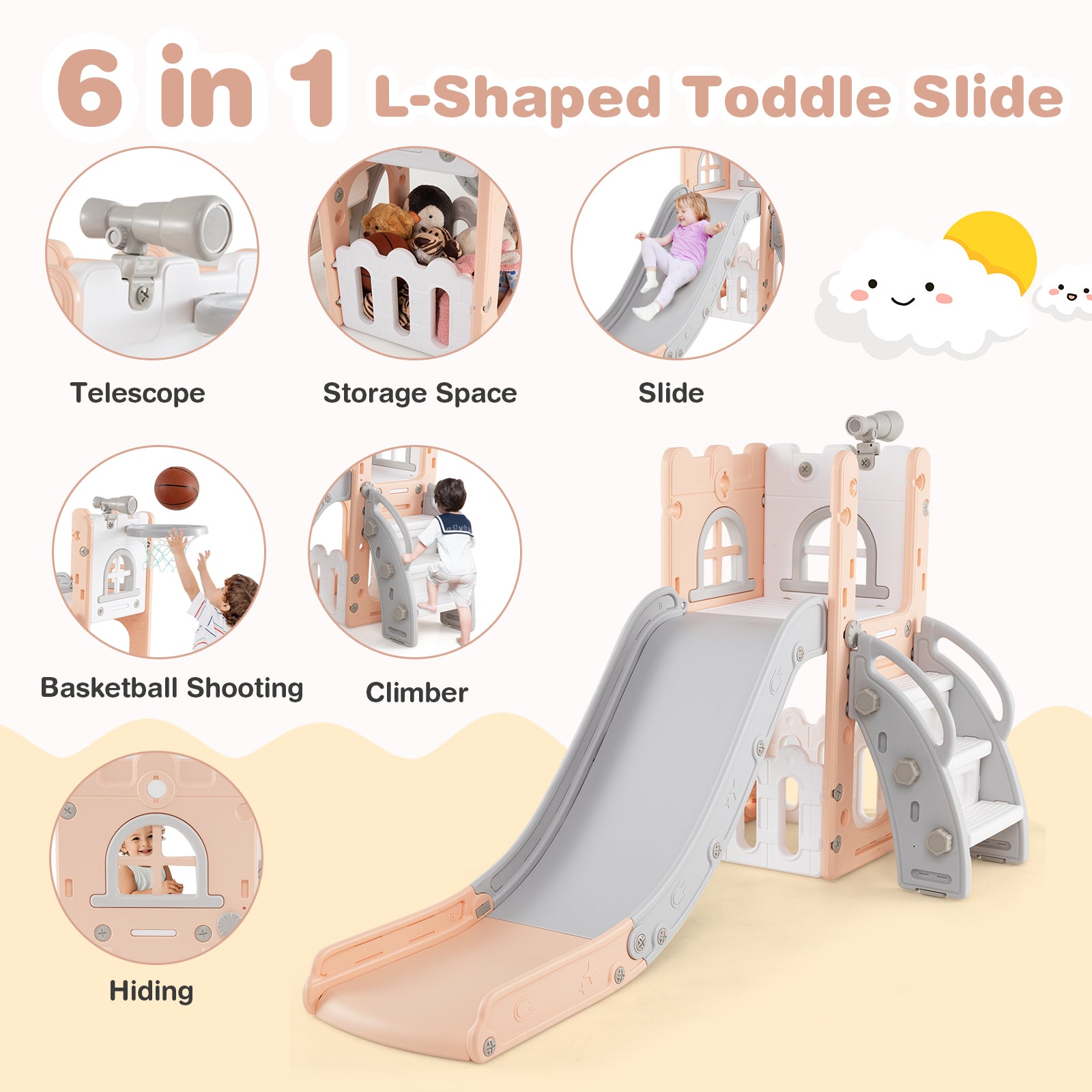 6-in-1 Toddler Slide L-shaped Playground with Basketball Hoop and Ladder-Pink