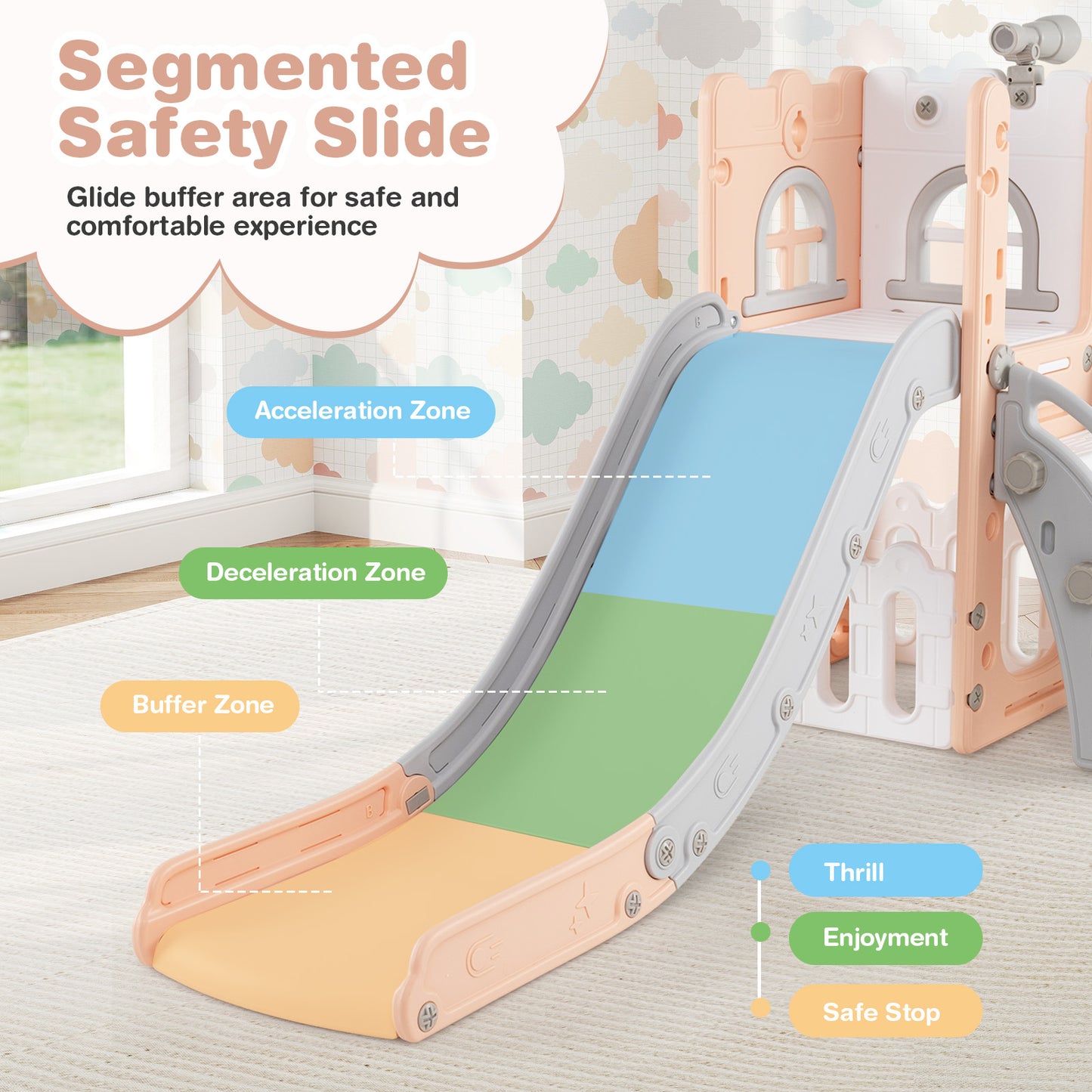 6-in-1 Toddler Slide L-shaped Playground with Basketball Hoop and Ladder-Pink