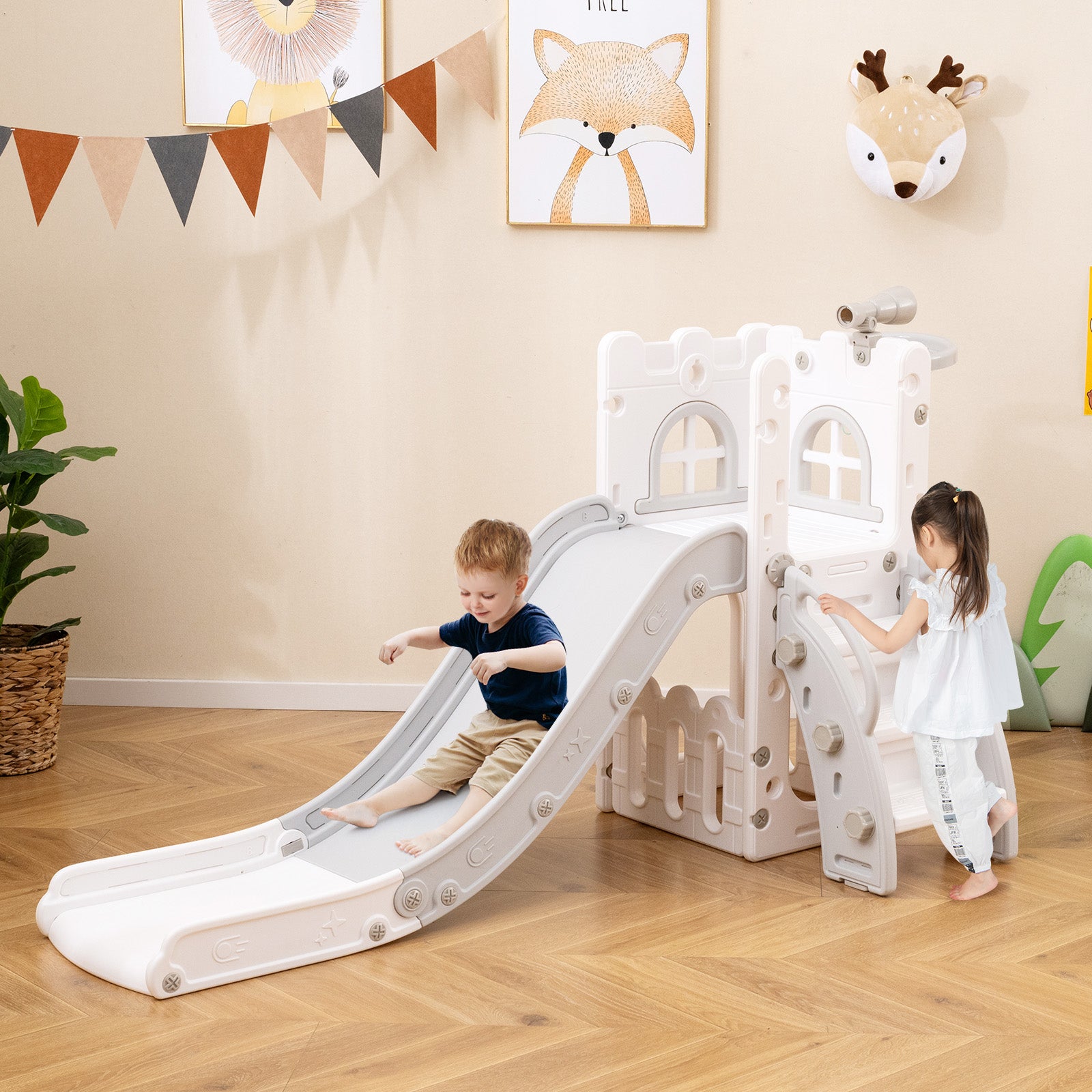6-in-1 Toddler Slide L-shaped Playground with Basketball Hoop and Ladder-Gray
