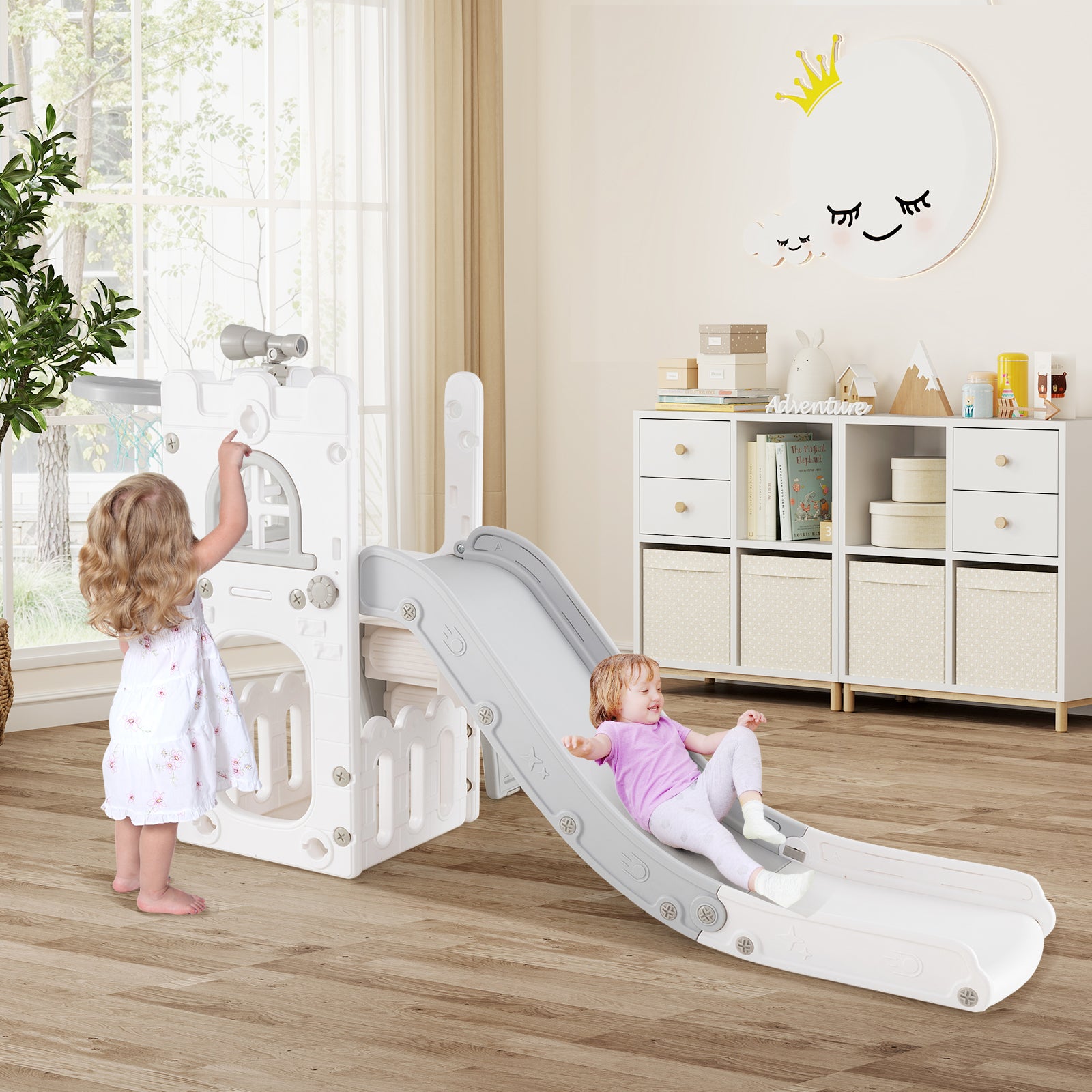 6-in-1 Toddler Slide L-shaped Playground with Basketball Hoop and Ladder-Gray