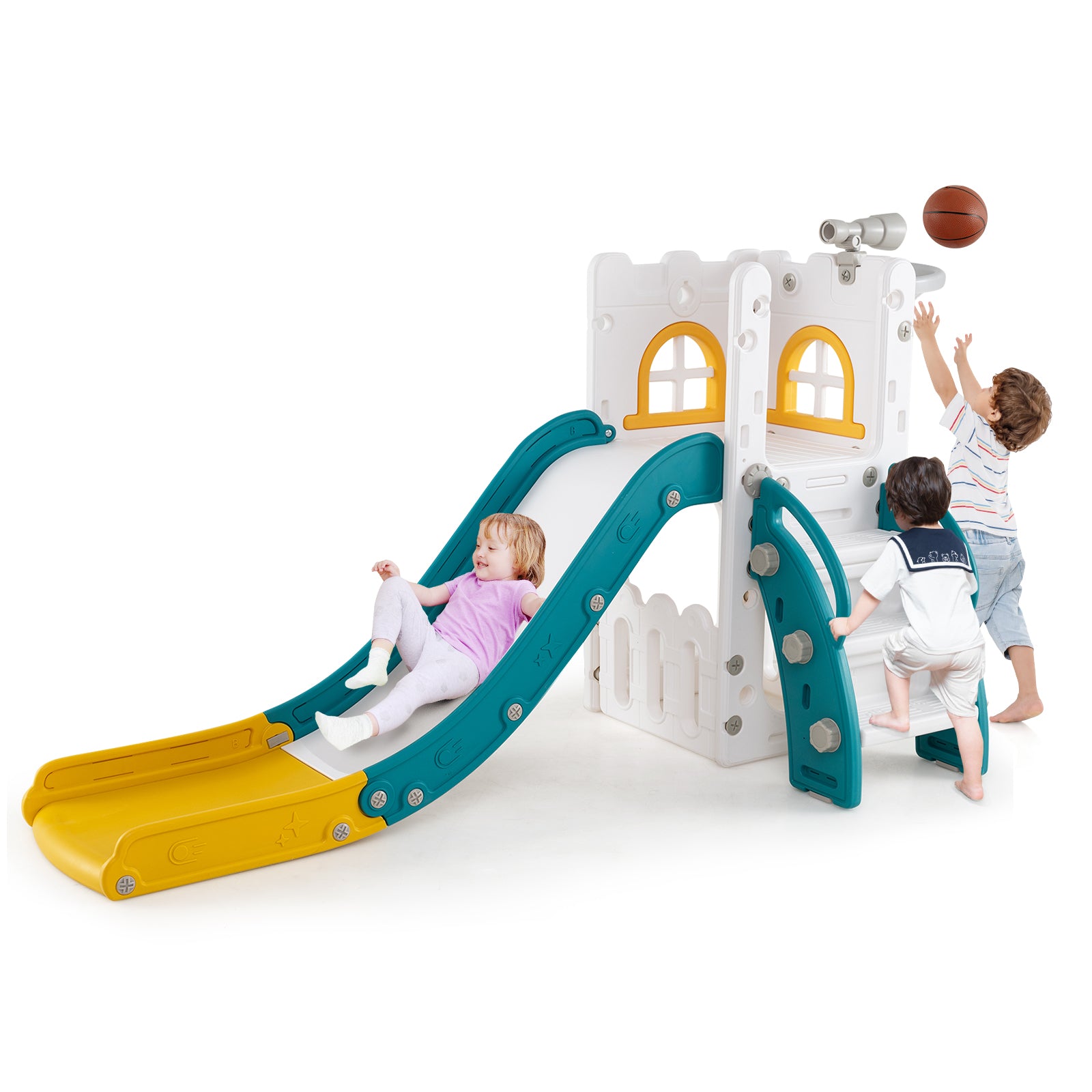6-in-1 Toddler Slide L-shaped Playground with Basketball Hoop and Ladder-Yellow