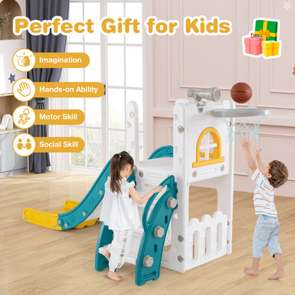 6-in-1 Toddler Slide L-shaped Playground with Basketball Hoop and Ladder-Yellow
