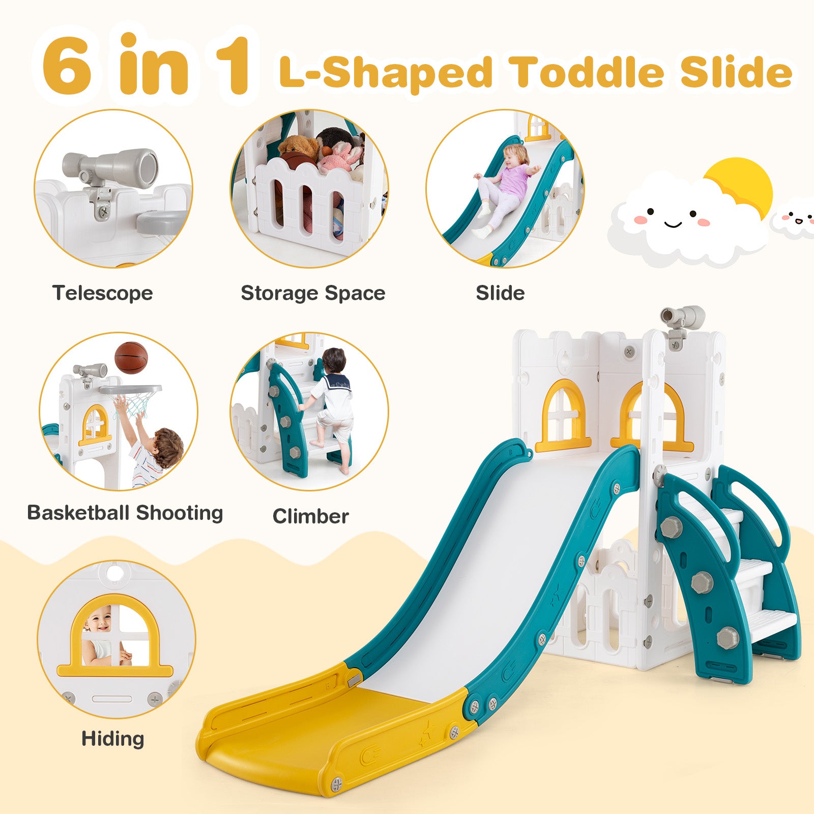 6-in-1 Toddler Slide L-shaped Playground with Basketball Hoop and Ladder-Yellow