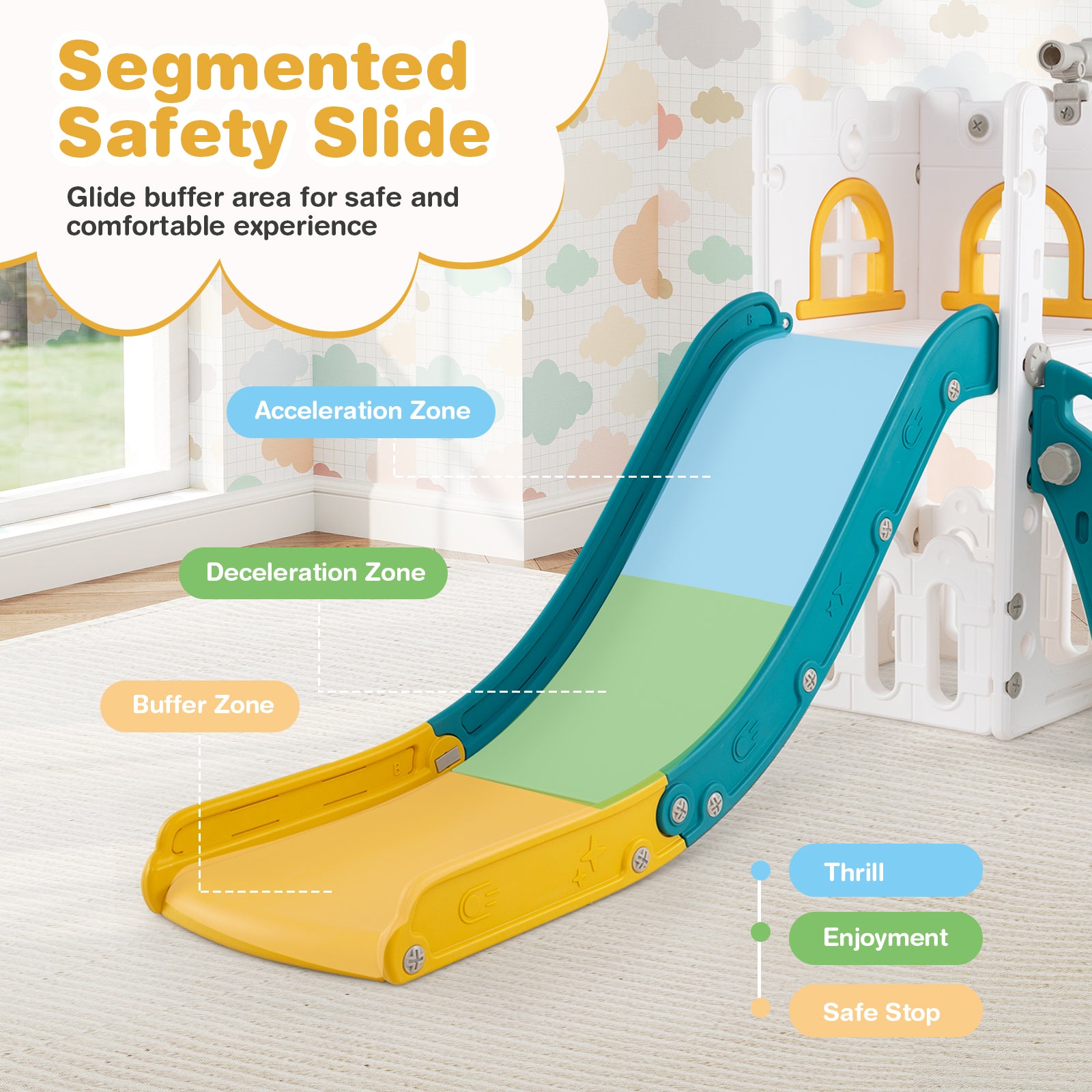 6-in-1 Toddler Slide L-shaped Playground with Basketball Hoop and Ladder-Yellow
