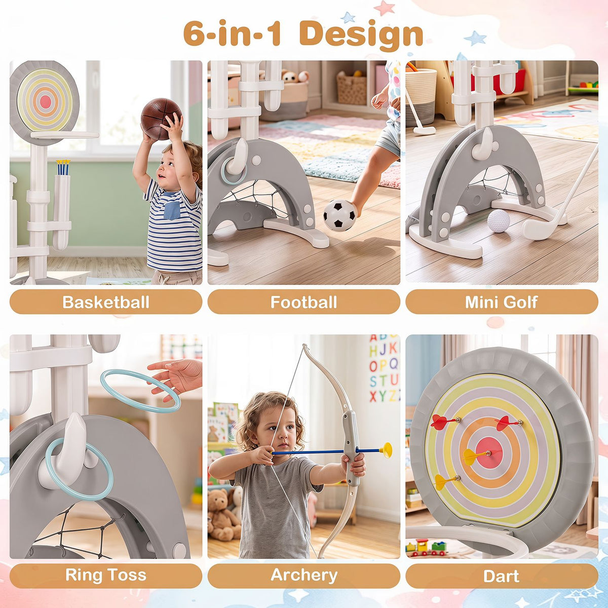 6-in-1 Toddler Basketball Hoop with 8 Adjustable Height for Indoor Outdoor 3+ Years
