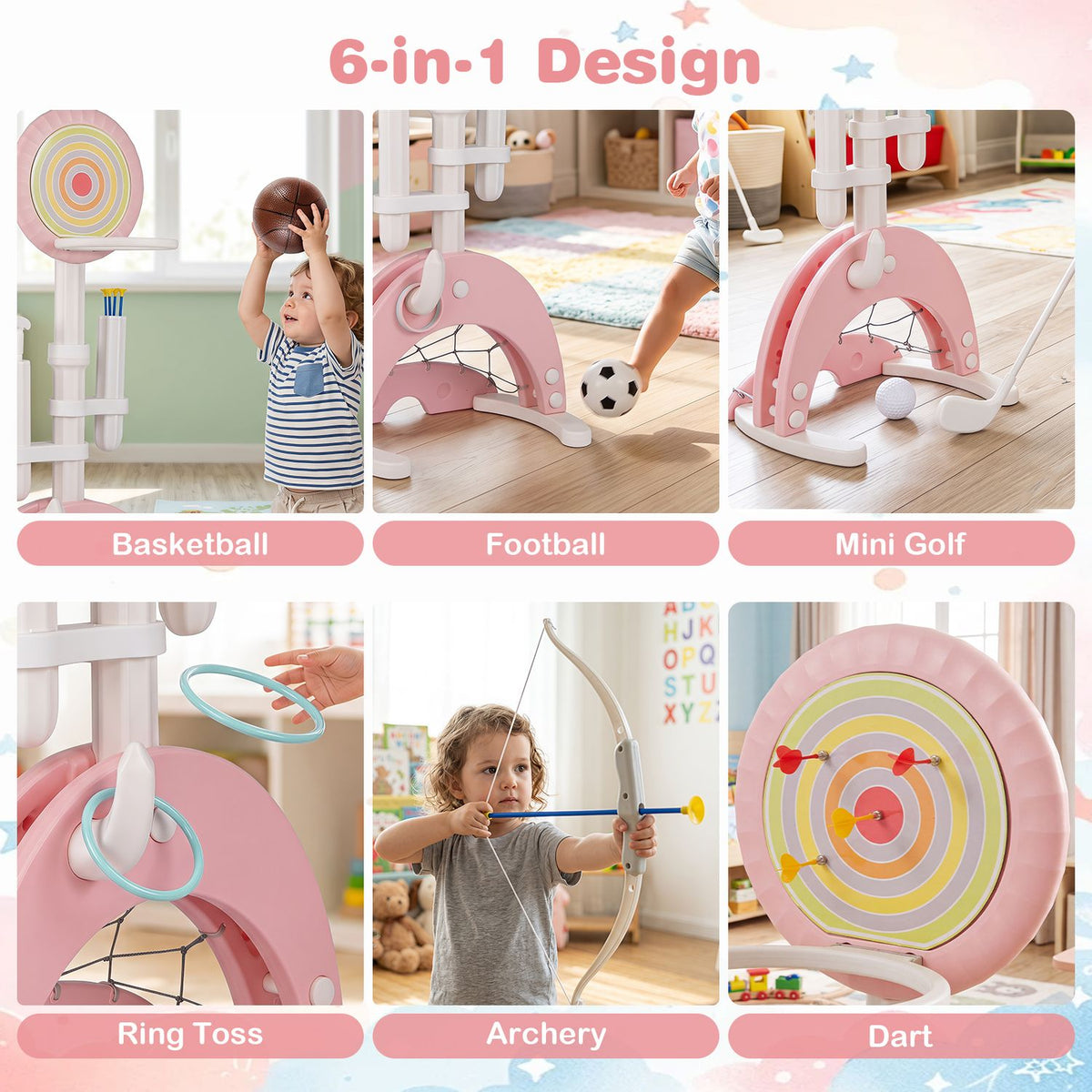 6-in-1 Toddler Basketball Hoop with 8 Adjustable Height for Indoor Outdoor 3+ Years