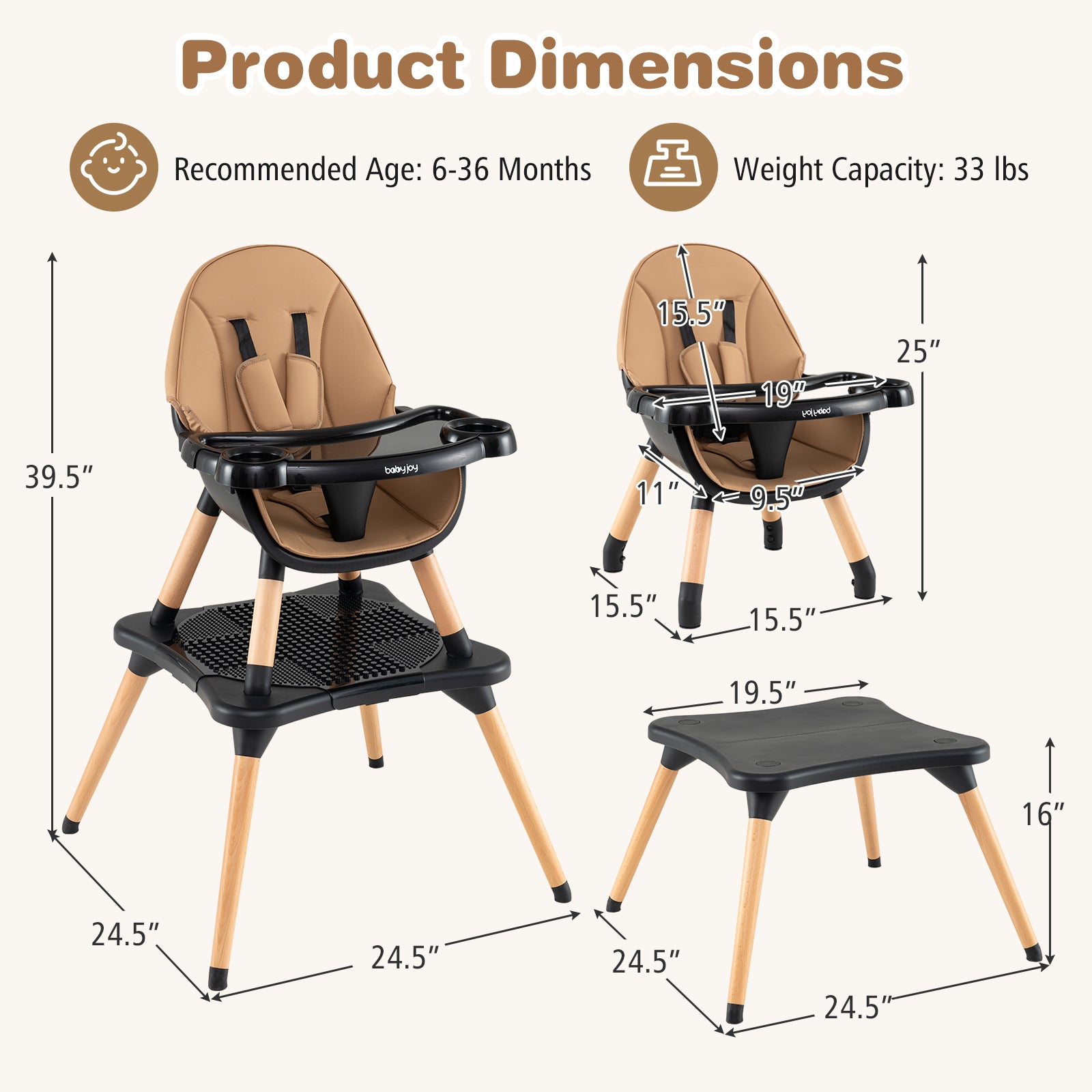 6 in 1 High Chair for Babies and Toddlers Ages 6-36 Months-Coffee