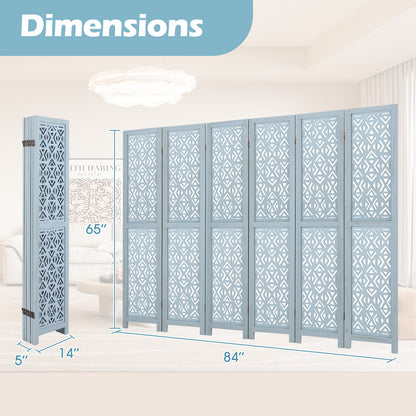 4/6 Panel Wooden Room Divider with Carved Cutout Pattern and Solid Wood Frame