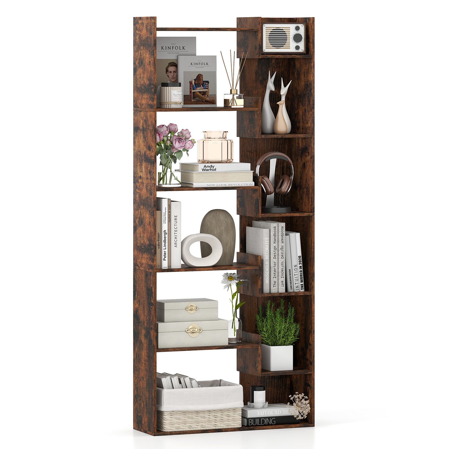 6-Tier Bookshelf Wooden Bookcase with 2 Anti-Tipping Kits Open Display Shelf