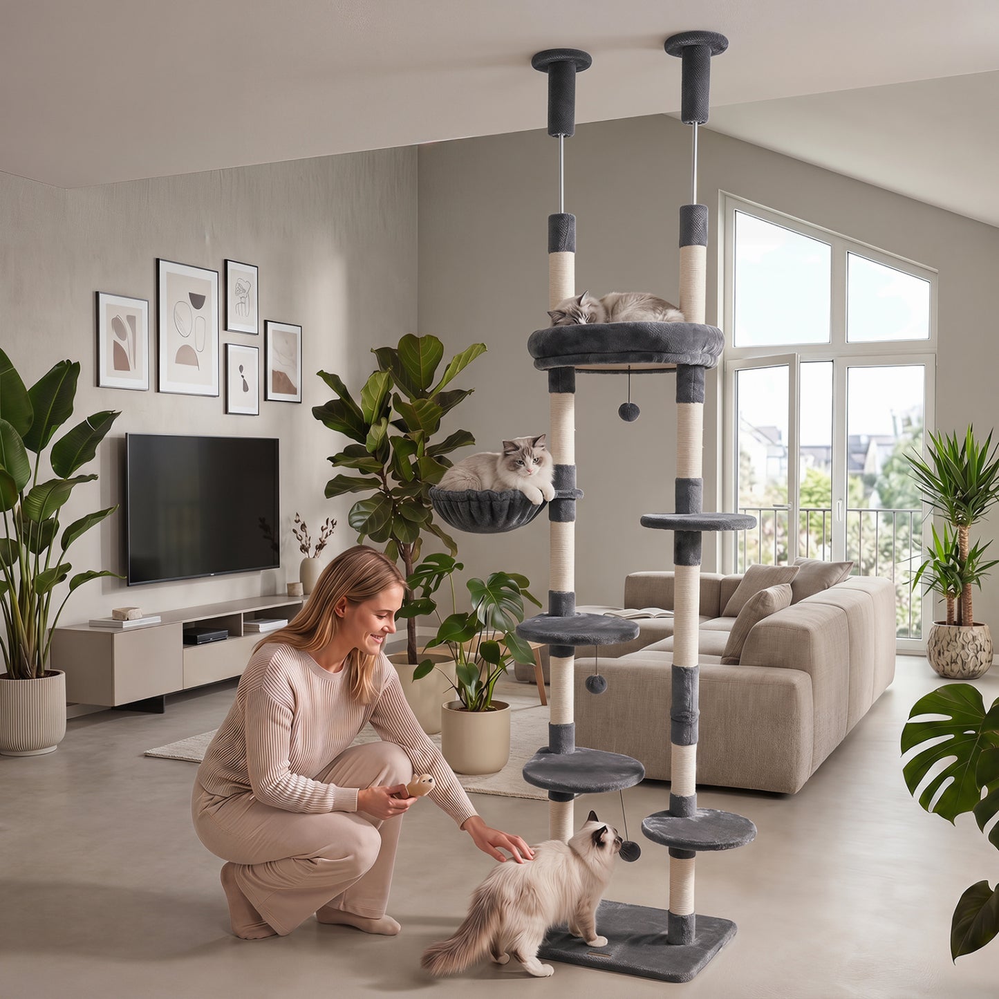 Floor-to-Ceiling Cat Tree with 6 Tiers and Hammock