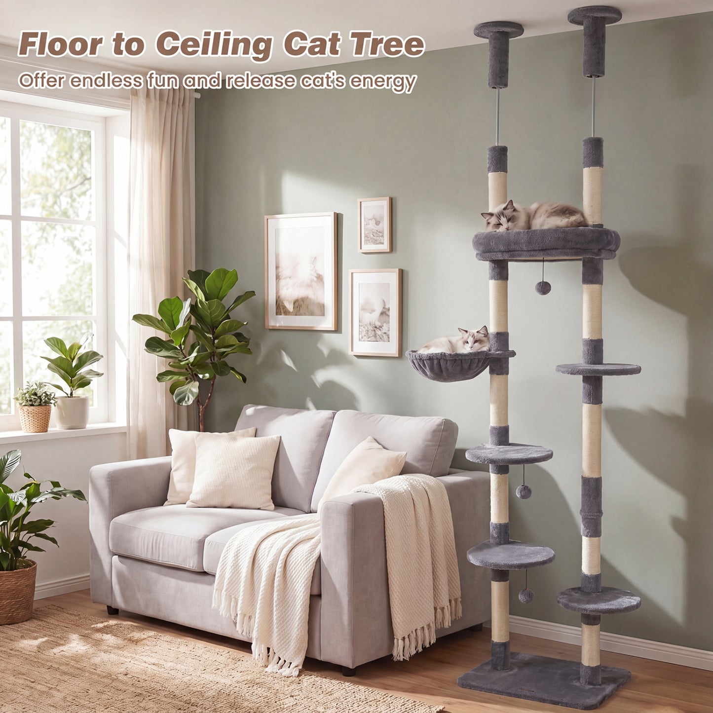 Floor-to-Ceiling Cat Tree with 6 Tiers and Hammock