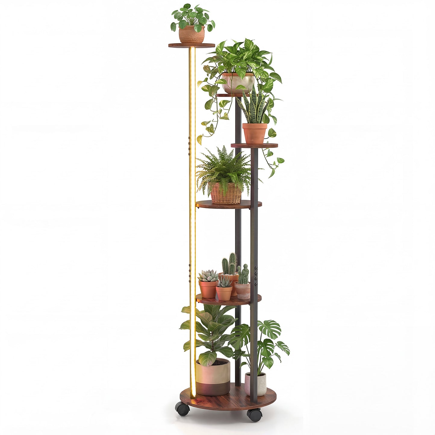 6-tier Plant Stand with RGB Light and Wheels 57inch Tall Indoor Display Shelf Flowerpot Holder-Rustic Brown