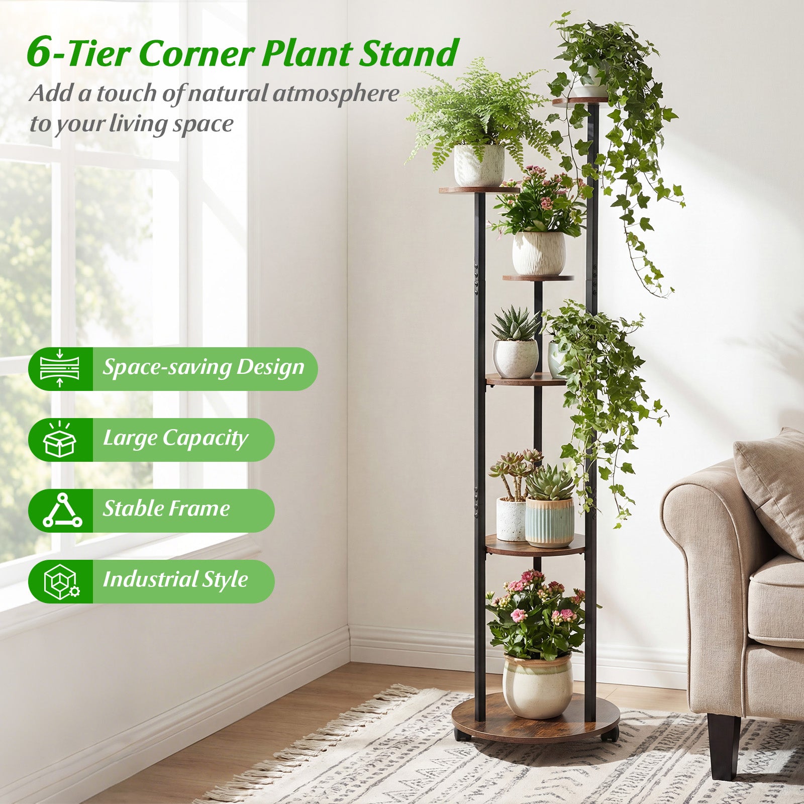 6-tier Plant Stand with RGB Light and Wheels 57inch Tall Indoor Display Shelf Flowerpot Holder-Rustic Brown