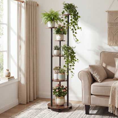 6-tier Plant Stand with RGB Light and Wheels 57inch Tall Indoor Display Shelf Flowerpot Holder-Rustic Brown