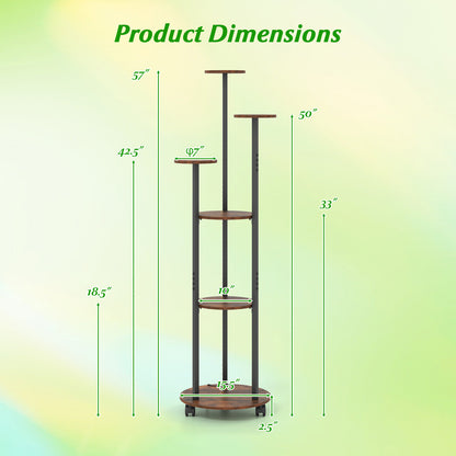 6-tier Plant Stand with RGB Light and Wheels 57inch Tall Indoor Display Shelf Flowerpot Holder-Rustic Brown