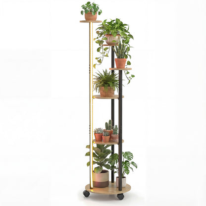 6-tier Plant Stand with RGB Light and Wheels 57inch Tall Indoor Display Shelf Flowerpot Holder-Natural