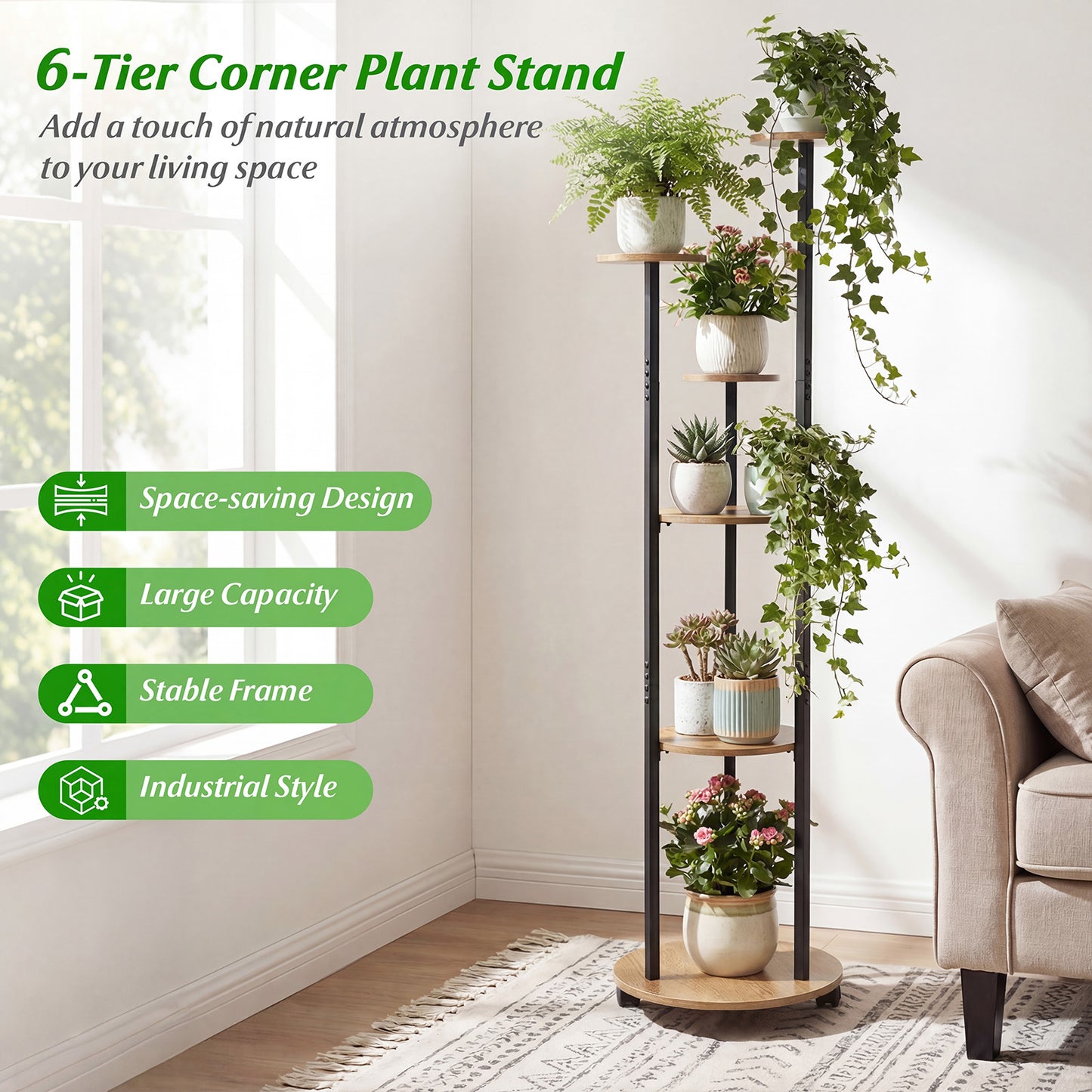 6-tier Plant Stand with RGB Light and Wheels 57inch Tall Indoor Display Shelf Flowerpot Holder-Natural