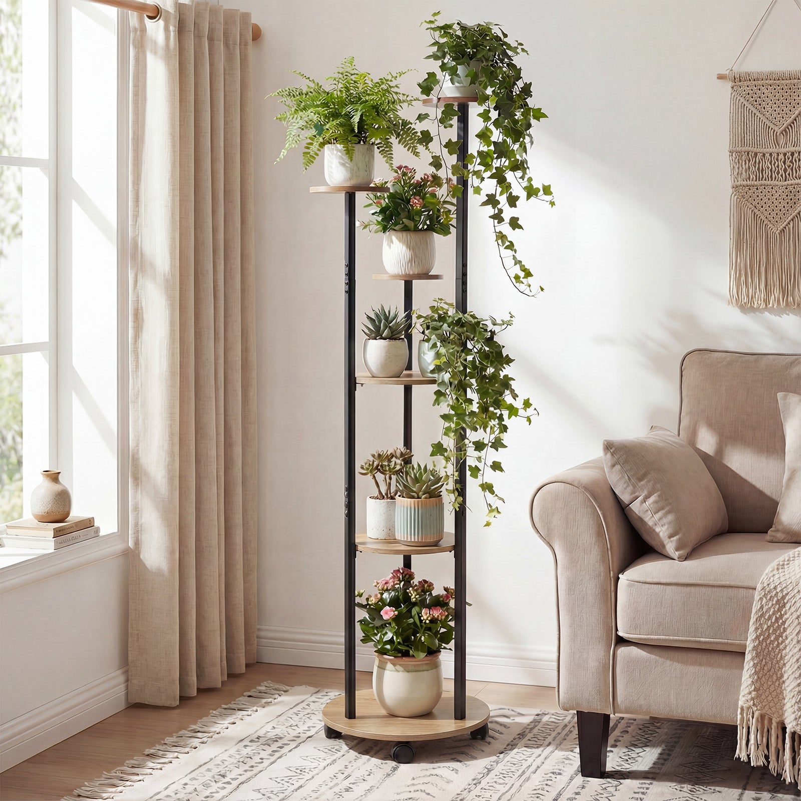 6-tier Plant Stand with RGB Light and Wheels 57inch Tall Indoor Display Shelf Flowerpot Holder-Natural