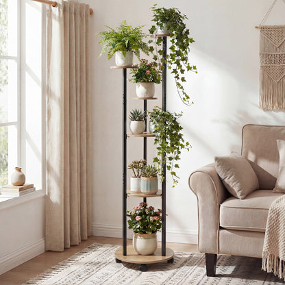 6-tier Plant Stand with RGB Light and Wheels 57inch Tall Indoor Display Shelf Flowerpot Holder-Natural