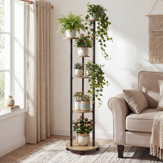 6-tier Plant Stand with RGB Light and Wheels 57inch Tall Indoor Display Shelf Flowerpot Holder-Natural