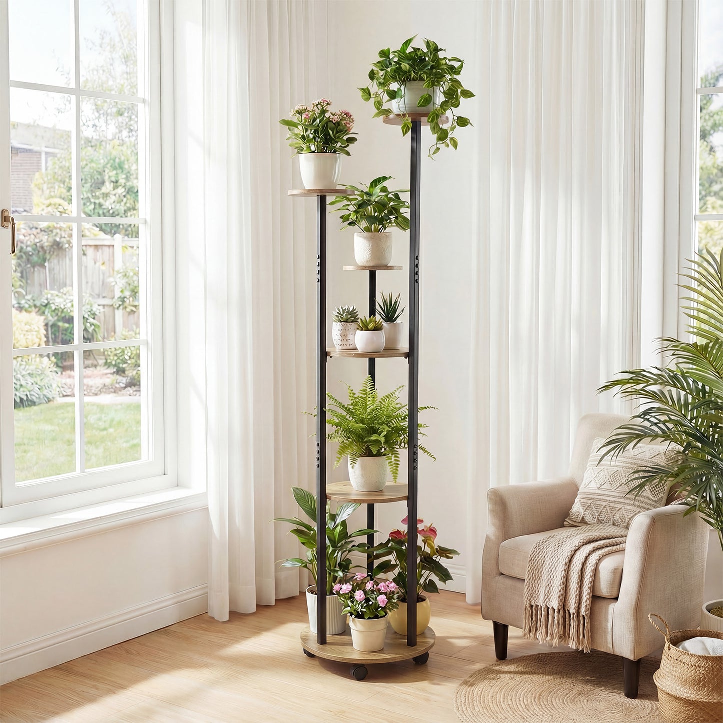 6-tier Plant Stand with RGB Light and Wheels 57inch Tall Indoor Display Shelf Flowerpot Holder-Natural