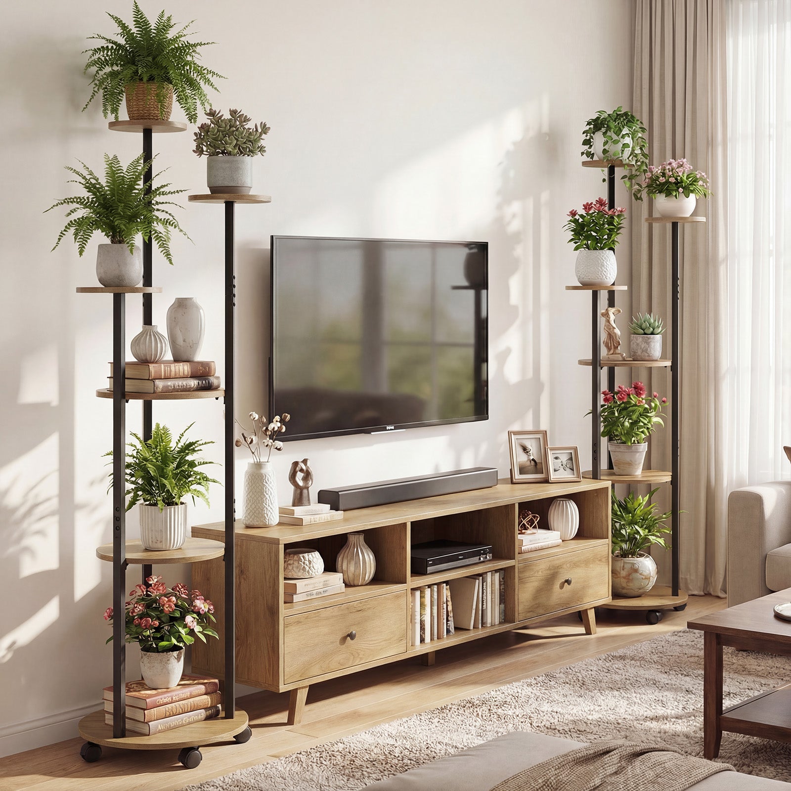 6-tier Plant Stand with RGB Light and Wheels 57inch Tall Indoor Display Shelf Flowerpot Holder-Natural