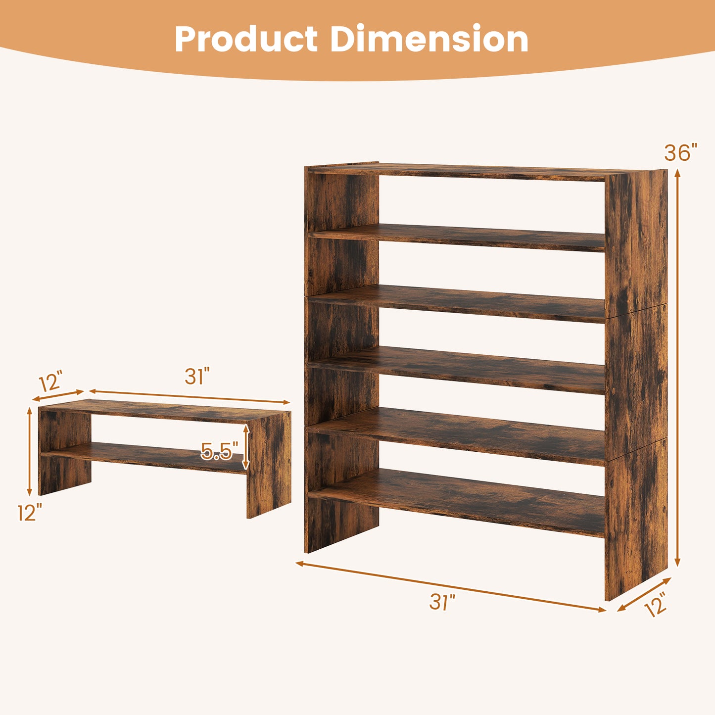 6-tier Shoe Rack with Anti-tipping Device for Entryway-Rustic Brown