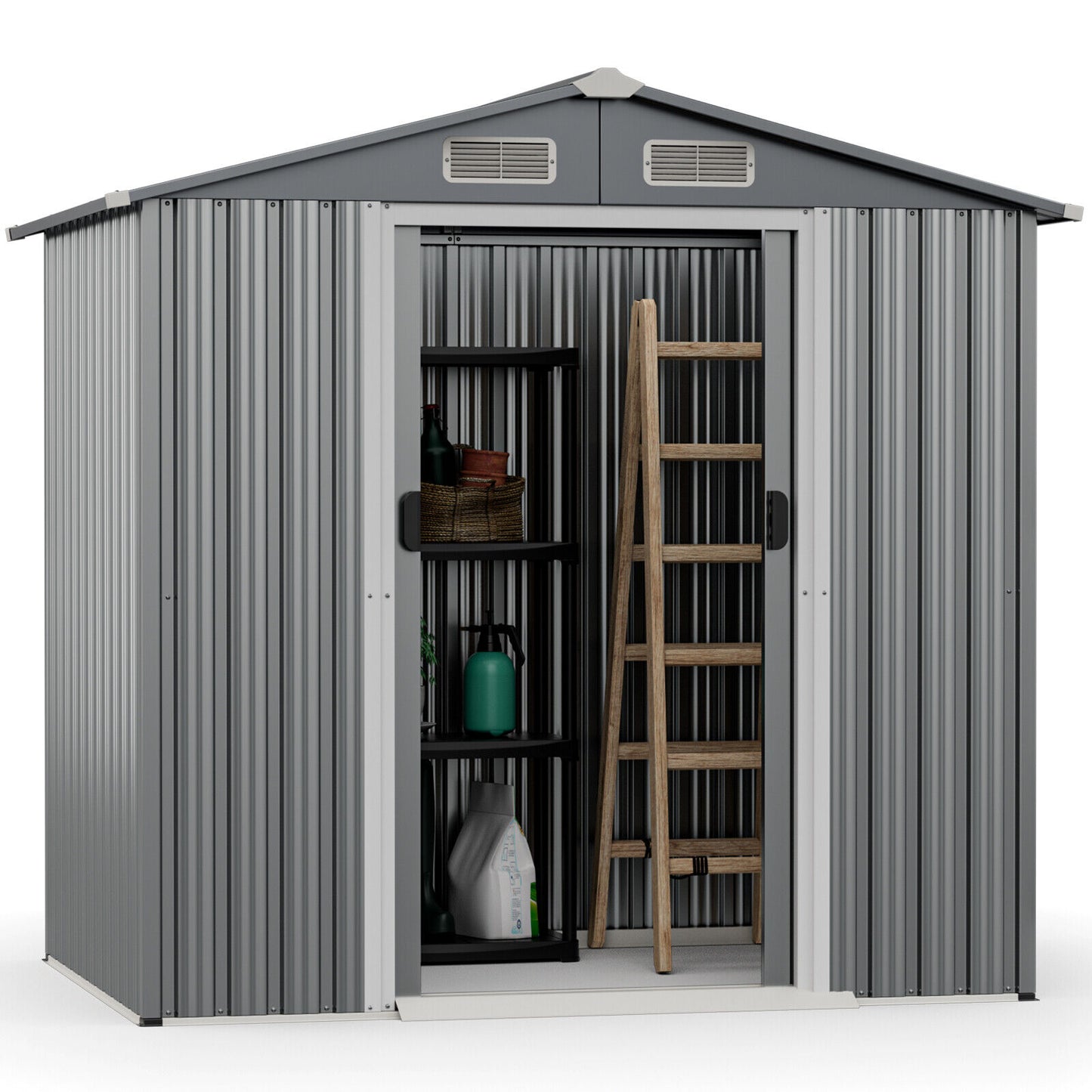 6 x 4 Feet Galvanized Steel Storage Shed with Lockable Sliding Doors-Gray - Gray