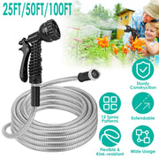 25FT/50FT/100FT Heavy Duty Stainless Steel Garden Hose Garden Watering Kit Metal Water Hose with 2 Nozzles 12 Patterns Flexible Extendable Kink Tangle