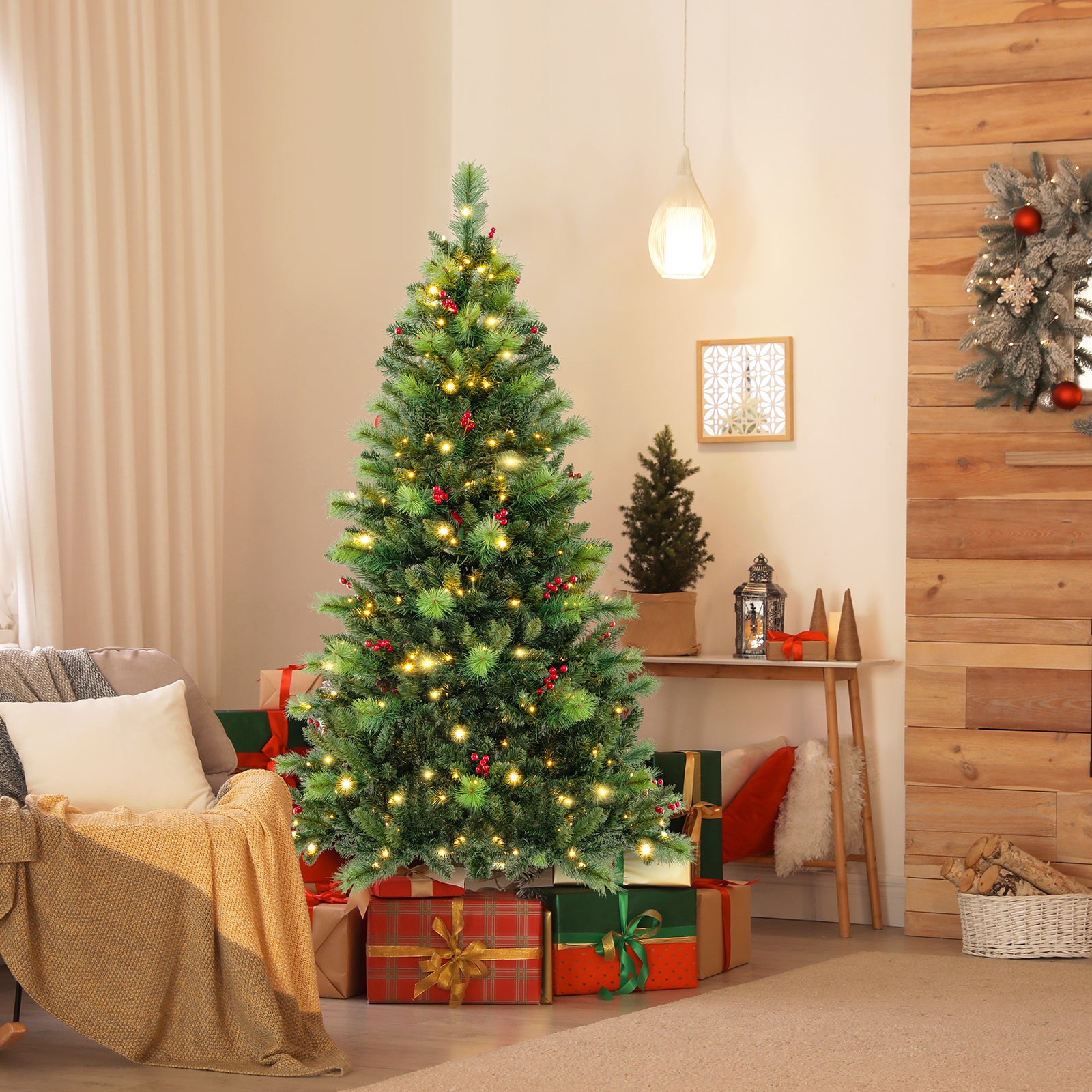 6/7/8 Feet Pre-Lit Artificial Christmas Tree with 300/400/500 LED Lights-6 ft