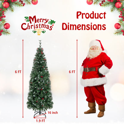 5/6/7/8/9 FT Pre-Lit Artificial Hinged Slim Pencil Christmas Tree-6 ft