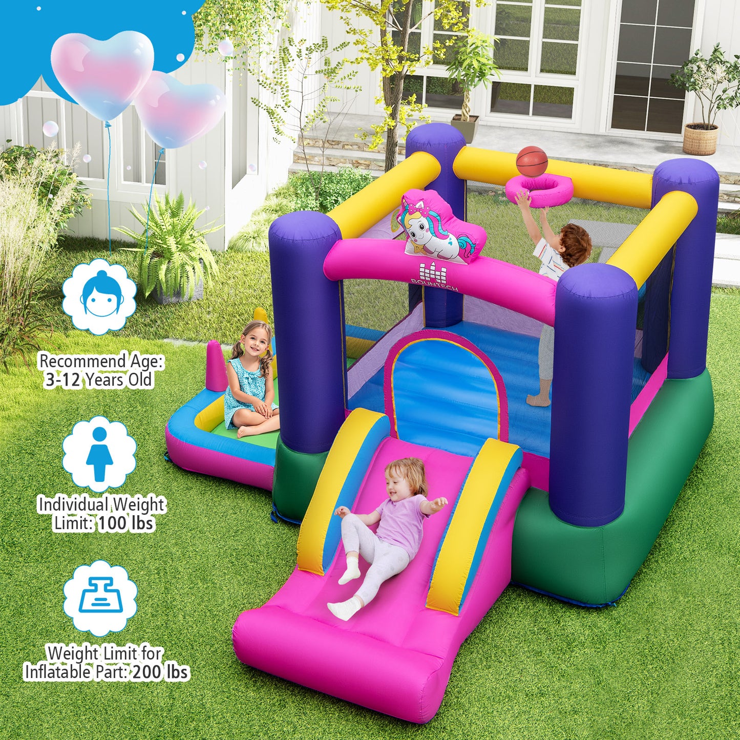 6-in-1 Bouncy Castle Inflatable Bounce House with Slide and Ball Pit with 480W Blower