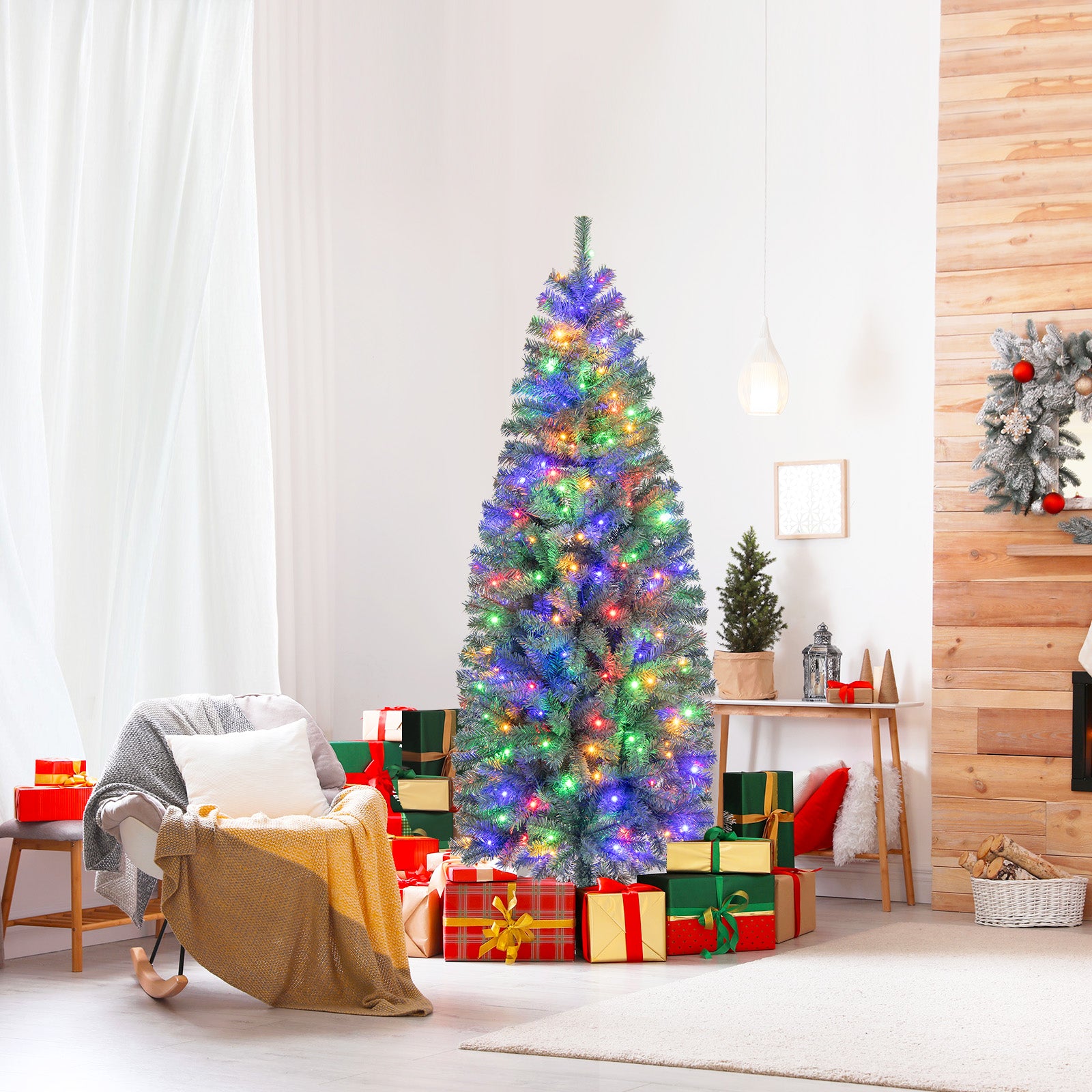 6.5 Feet Pre-Lit Blue Artificial Christmas Tree Slim with 9 Lighting Modes-6.5 ft