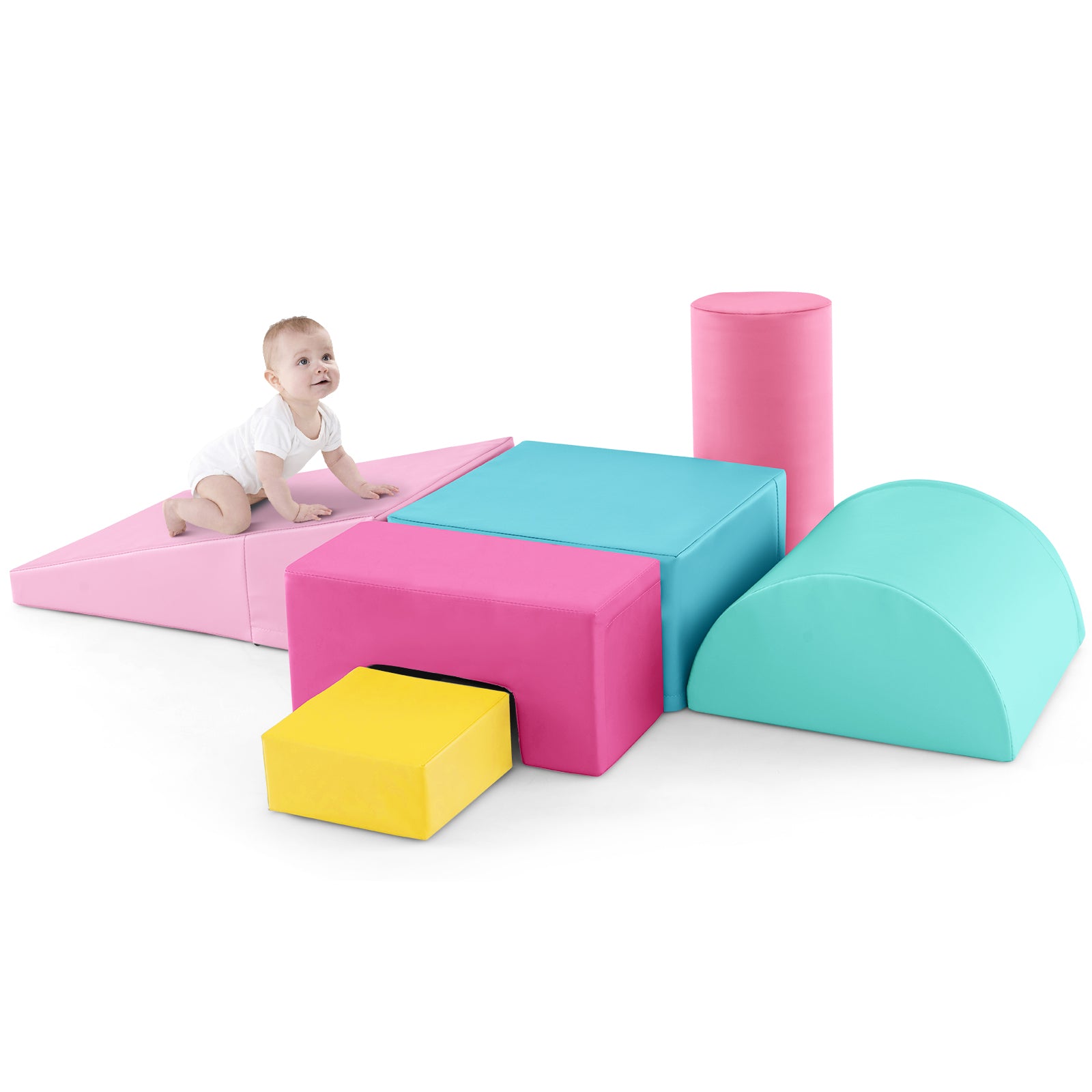 6 Pieces Foam Climbing Blocks Indoor Climb and Crawl Activity Playset with Rectangles-Pink - Pink