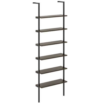 6-tier Ladder Shelf 72 Inches Industrial Wall Mounted Bookshelf-Oak - Oak