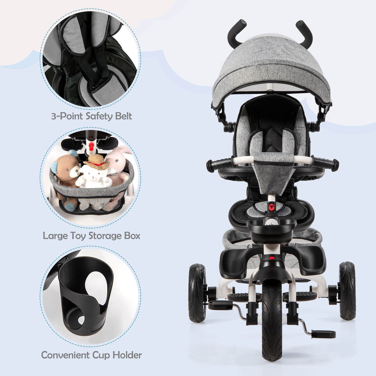 7-in-1 Detachable Baby Stroller with Canopy and Safety Harness-Gray