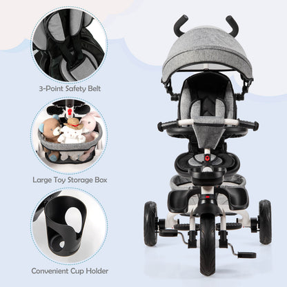 7-in-1 Detachable Baby Stroller with Canopy and Safety Harness-Gray